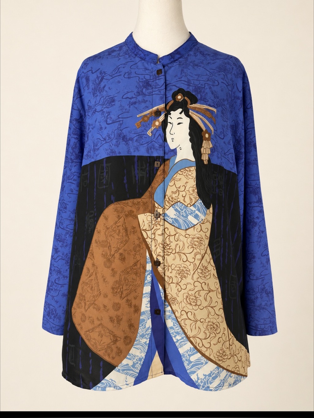 Vintage 90s Sag Harbor XL Geisha Japanese Wearable Art Tunic Blouse Blue